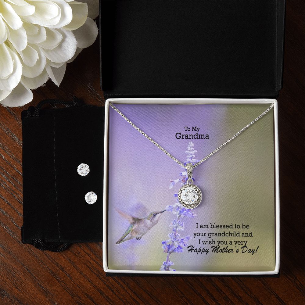 I Am Blessed To Be Your Grandchild & I Wish You A Very Happy Mother's Day - Eternal Hope Necklace & Clear CZ Earrings - Gift for Grandma