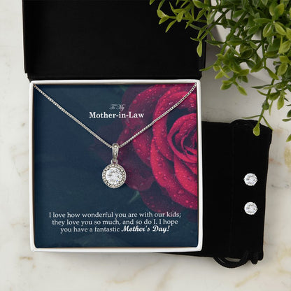 I Love How Wonderful You Are With Our Kids; They Love You So Much, & So Do I - I Hope You Have A Fantastic Mother's Day! - Eternal Hope Necklace & Clear CZ Earrings - Gift for Mother in law