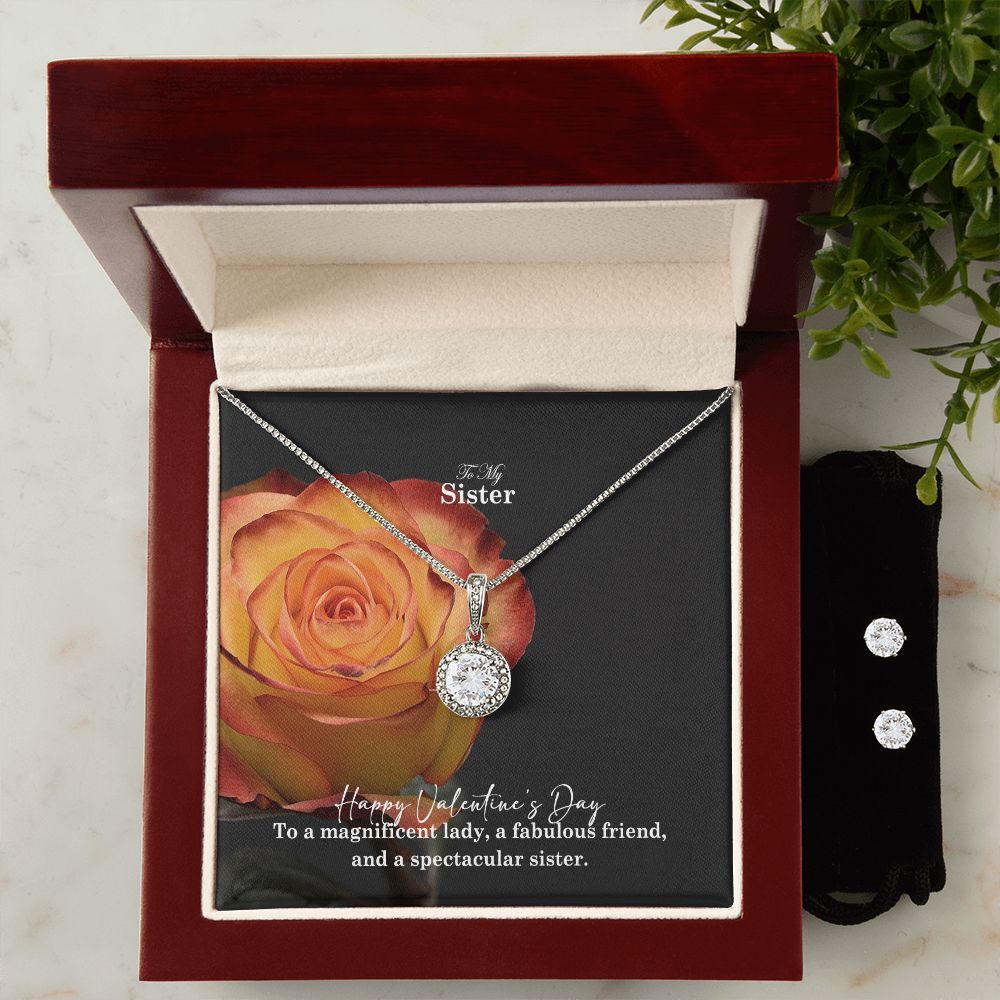 To My Sister, Happy Valentine's Day To A Magnificent Lady - Eternal Hope Necklace & Clear CZ Earrings - Gift for Sister