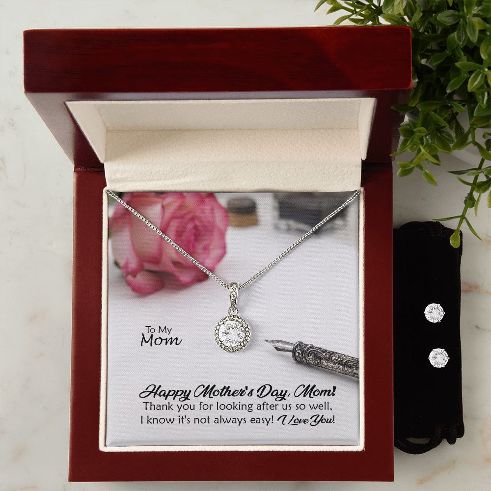 Happy Mother's Day, Mom! Thank You For Looking After Us So Well, I Know It's Not Always Easy - Eternal Hope Necklace & Clear CZ Earrings - Gift for Mom
