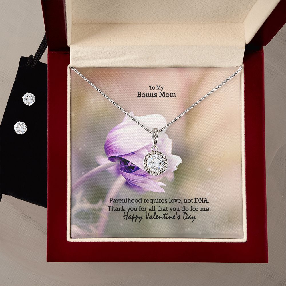 To My Bonus Mom, Parenthood Requires Love, Not DNA - Eternal Hope Necklace &amp; Clear CZ Earrings - Gift for Mom