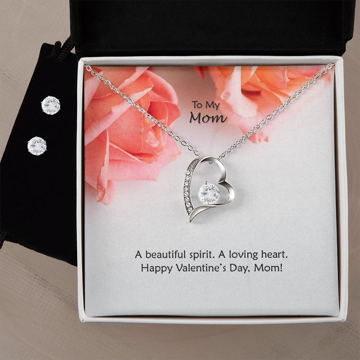 To My Mom, A Beautiful Spirit, A Loving Heart - Forever Love Necklace &amp; Clear CZ Earrings - Gift for Mom