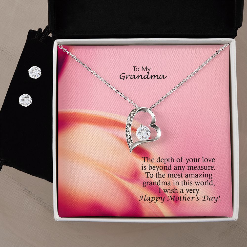 The Depth Of Your Love Is Beyond Any Measure - Happy Mother's Day - Forever Love Necklace & Clear CZ Earrings - Gift for Grandma