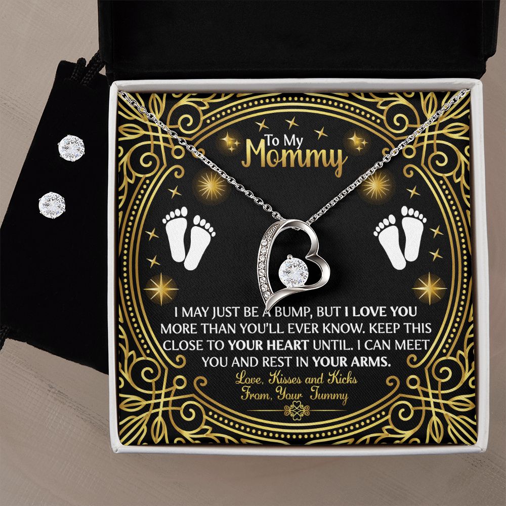 To My Mommy, Keep This Close To Your Heart - Forever Love Necklace & Clear CZ Earrings - Gift for Mom