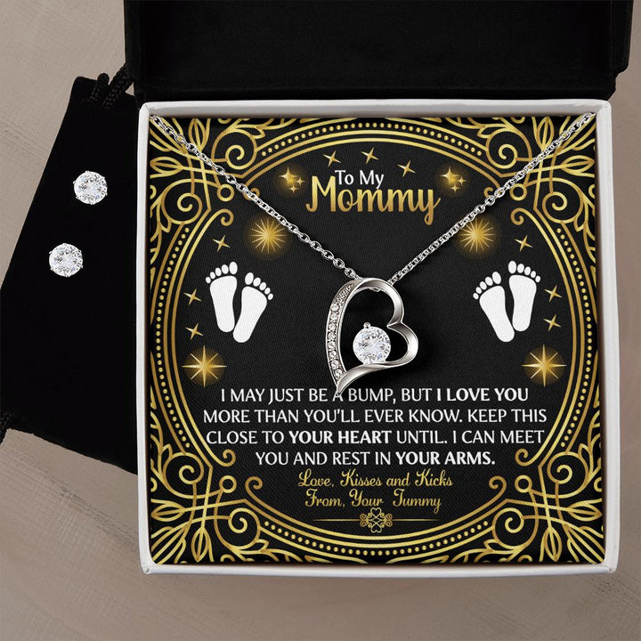 To My Mommy, Keep This Close To Your Heart – Forever Love Necklace &amp; Clear CZ Earrings – Gift for Mom