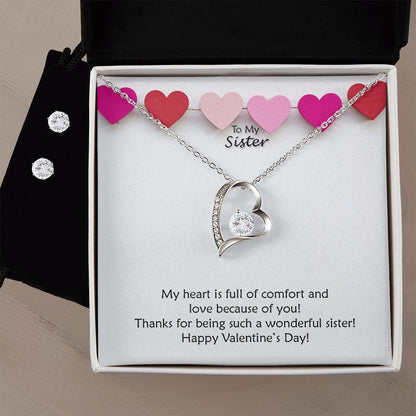 To My Sister, Thanks For Being Such A Wonderful Sister Happy Valentine's Day - Forever Love Necklace & Clear CZ Earrings - Gift for Sister