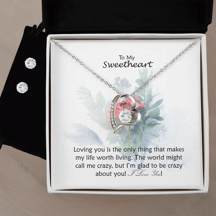 To My Sweetheart, Loving You is The Only Thing That Makes My Life Worth Living - Forever Love Necklace &amp; Clear CZ Earrings - Gift for Her