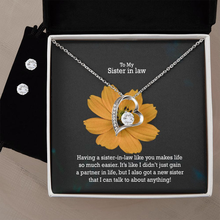 To My Sister in law, I Got A New Sister That I Can Talk To About Anything! - Forever Love Necklace &amp; Clear CZ Earrings - Gift for Sister in Law