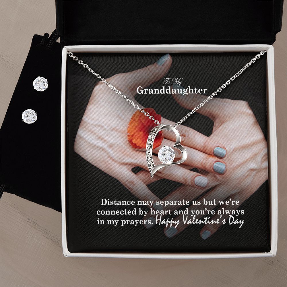 To My Granddaughter, Distance May Separate Us But We're Connected By Heart - Forever Love Necklace & Clear CZ Earrings - Gift for Granddaughter