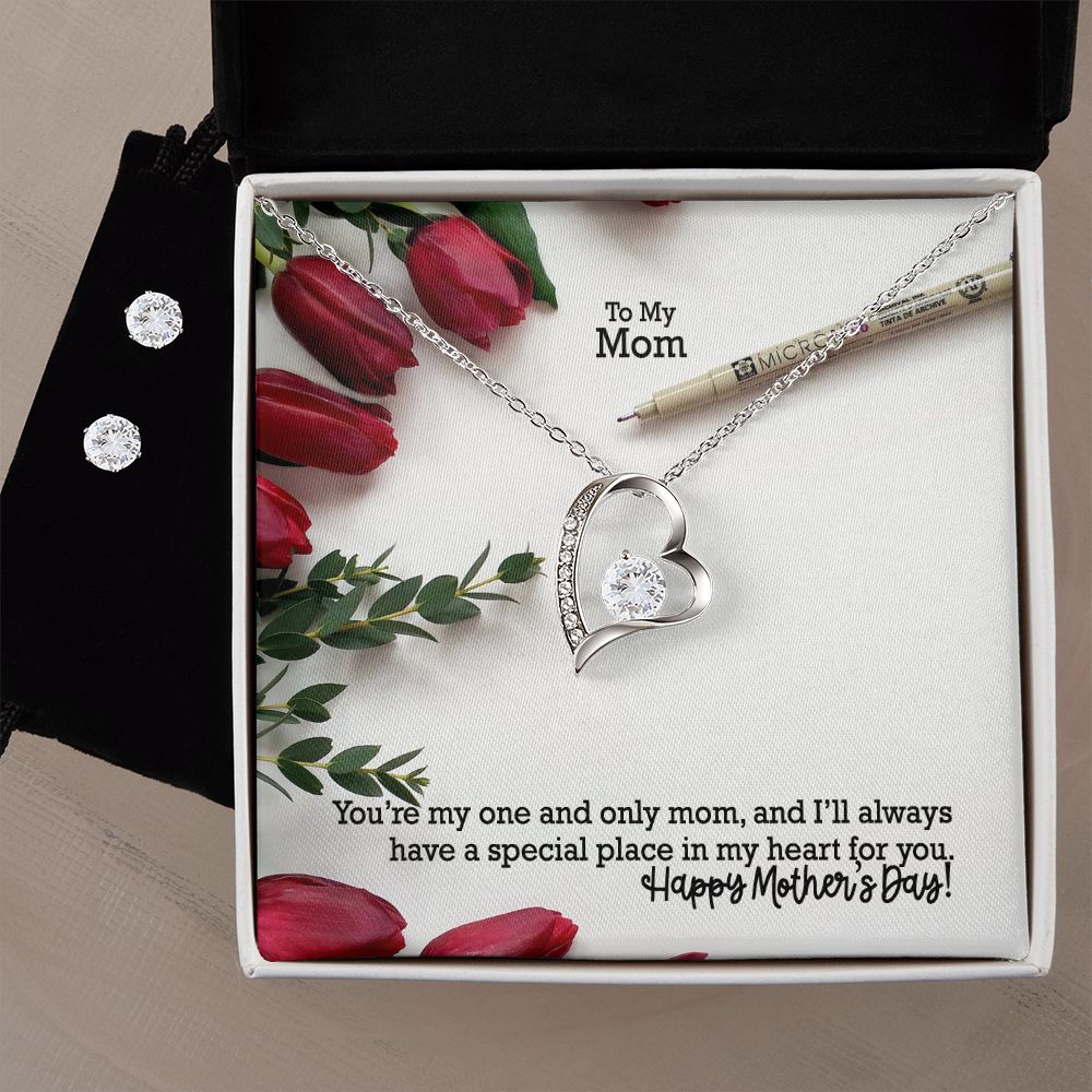 You're My One & Only Mom, And I'll Always Have A Special Place In My Heart For You - Happy Mother's Day - Forever Love Necklace & Clear CZ Earrings - Gift for Mom