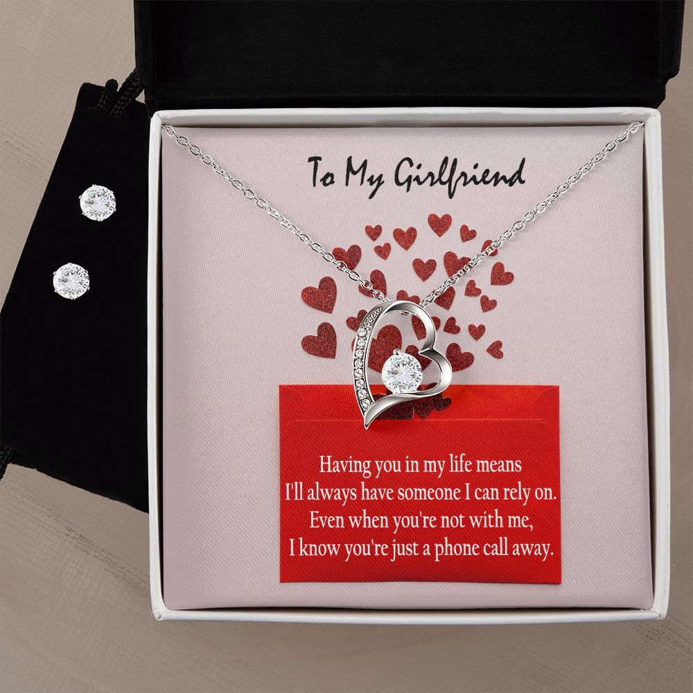 To My Girlfriend, Having You In My Life Means I'll Always Have Someone I Can Rely On - Forever Love Necklace & Clear CZ Earrings - Gift for Girlfriend
