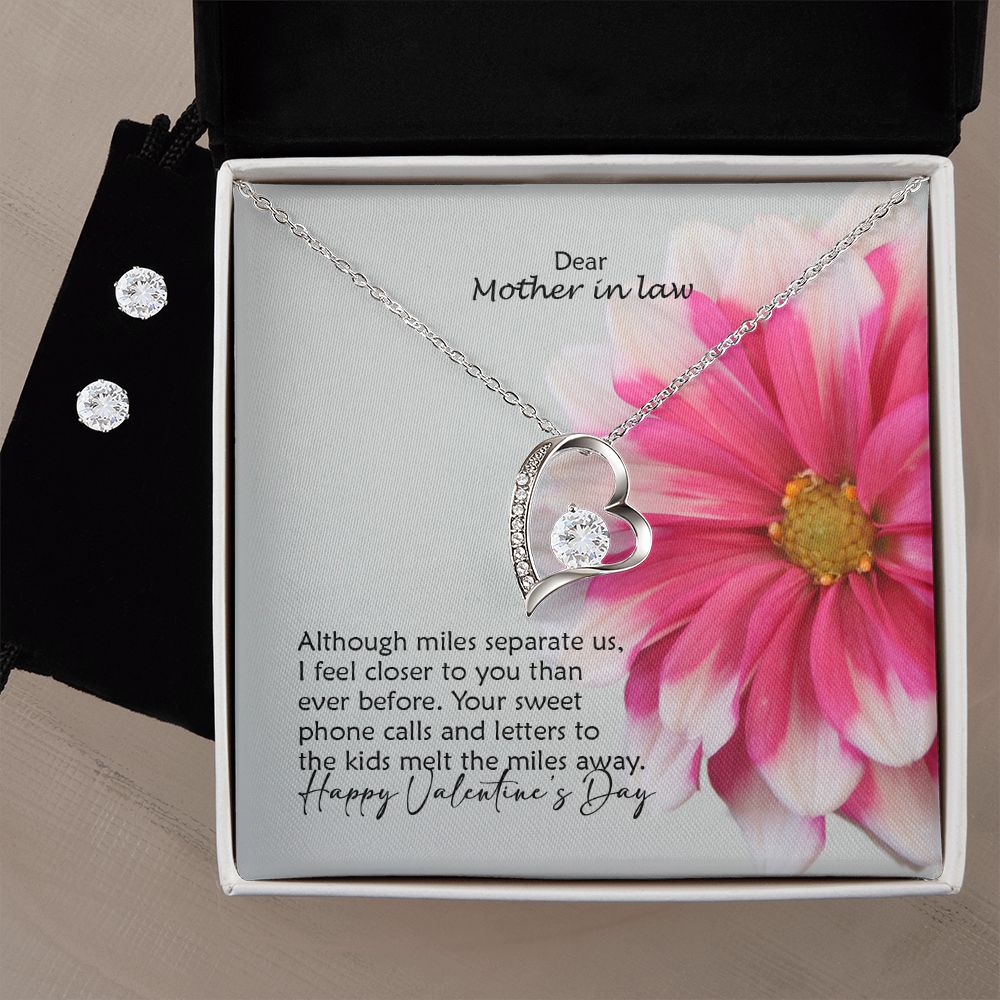 Dear Mother in law, Although Miles Separate Us, I Feel Closer To You Than Ever Before - Forever Love Necklace & Clear CZ Earrings - Gift for Mother in Law