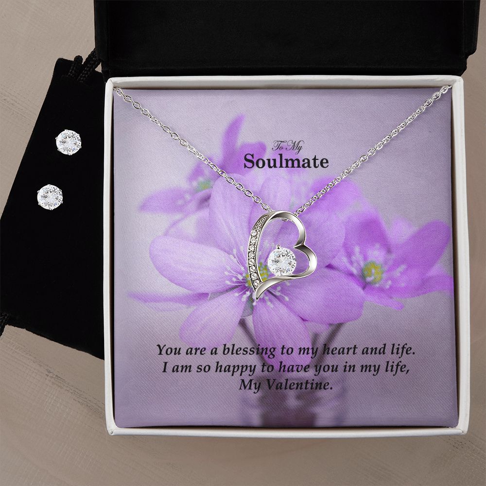 To My Soulmate, I Am So Happy To Have You In My Life, My Valentine - Forever Love Necklace & Clear CZ Earrings - Gift for Her