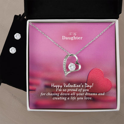 To My Daughter, Happy Valentine's Day I'm So Proud Of You - Forever Love Necklace & Clear CZ Earrings - Gift for Daughter