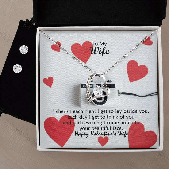 To My Wife, I Come Home To Your Beautiful Face - Forever Love Necklace &amp; Clear CZ Earrings - Gift for Wife