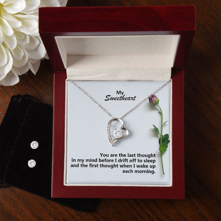 My Sweetheart, You Are The Last Thought In My Mind Before I Drift Off To Sleep – Forever Love Necklace &amp; Clear CZ Earrings – Gift for Her