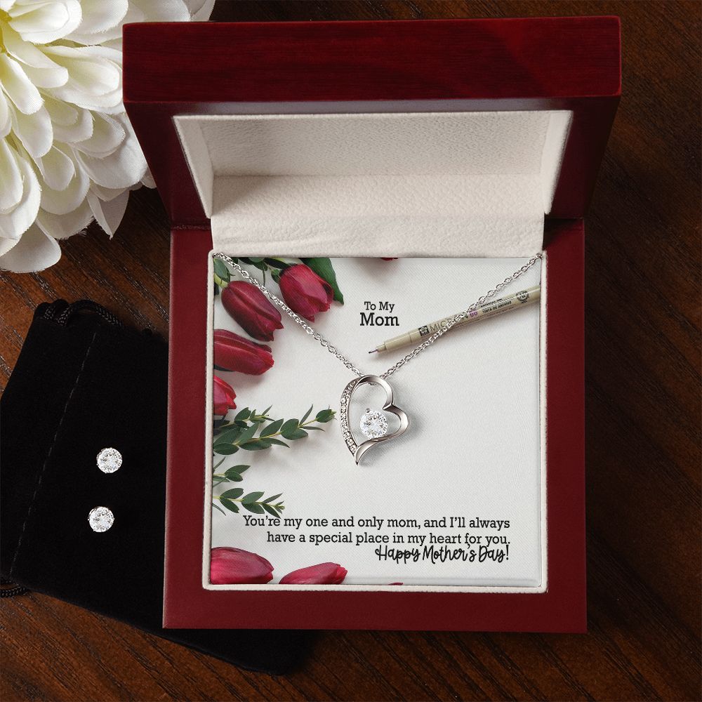 You're My One & Only Mom, And I'll Always Have A Special Place In My Heart For You - Happy Mother's Day - Forever Love Necklace & Clear CZ Earrings - Gift for Mom