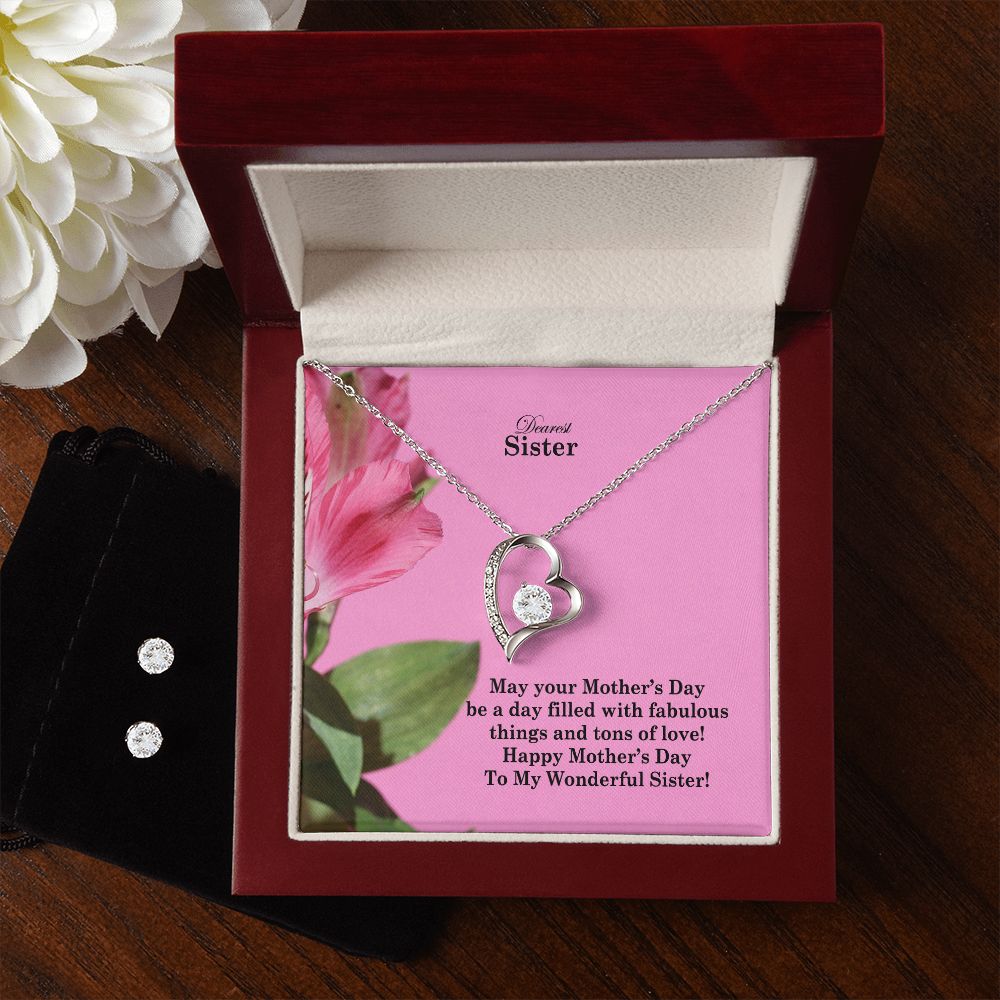 May Your Mother's Day Be A Day Filled With Fabulous Things & Tons Of Love! - Happy Mother's Day - Forever Love Necklace & Clear CZ Earrings - Gift for Sister