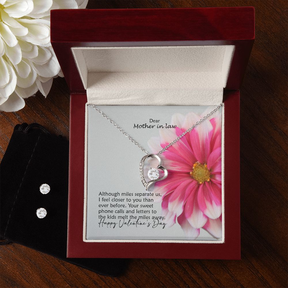 Dear Mother in law, Although Miles Separate Us, I Feel Closer To You Than Ever Before - Forever Love Necklace &amp; Clear CZ Earrings - Gift for Mother in Law