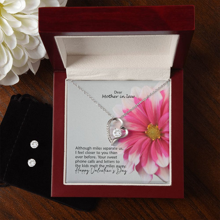 Dear Mother in law, Although Miles Separate Us, I Feel Closer To You Than Ever Before - Forever Love Necklace &amp; Clear CZ Earrings - Gift for Mother in Law