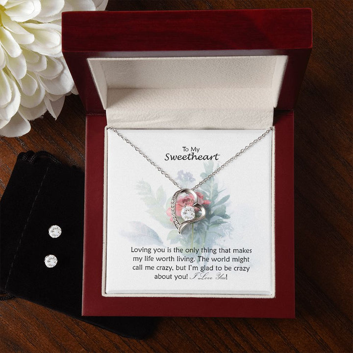 To My Sweetheart, Loving You is The Only Thing That Makes My Life Worth Living - Forever Love Necklace &amp; Clear CZ Earrings - Gift for Her
