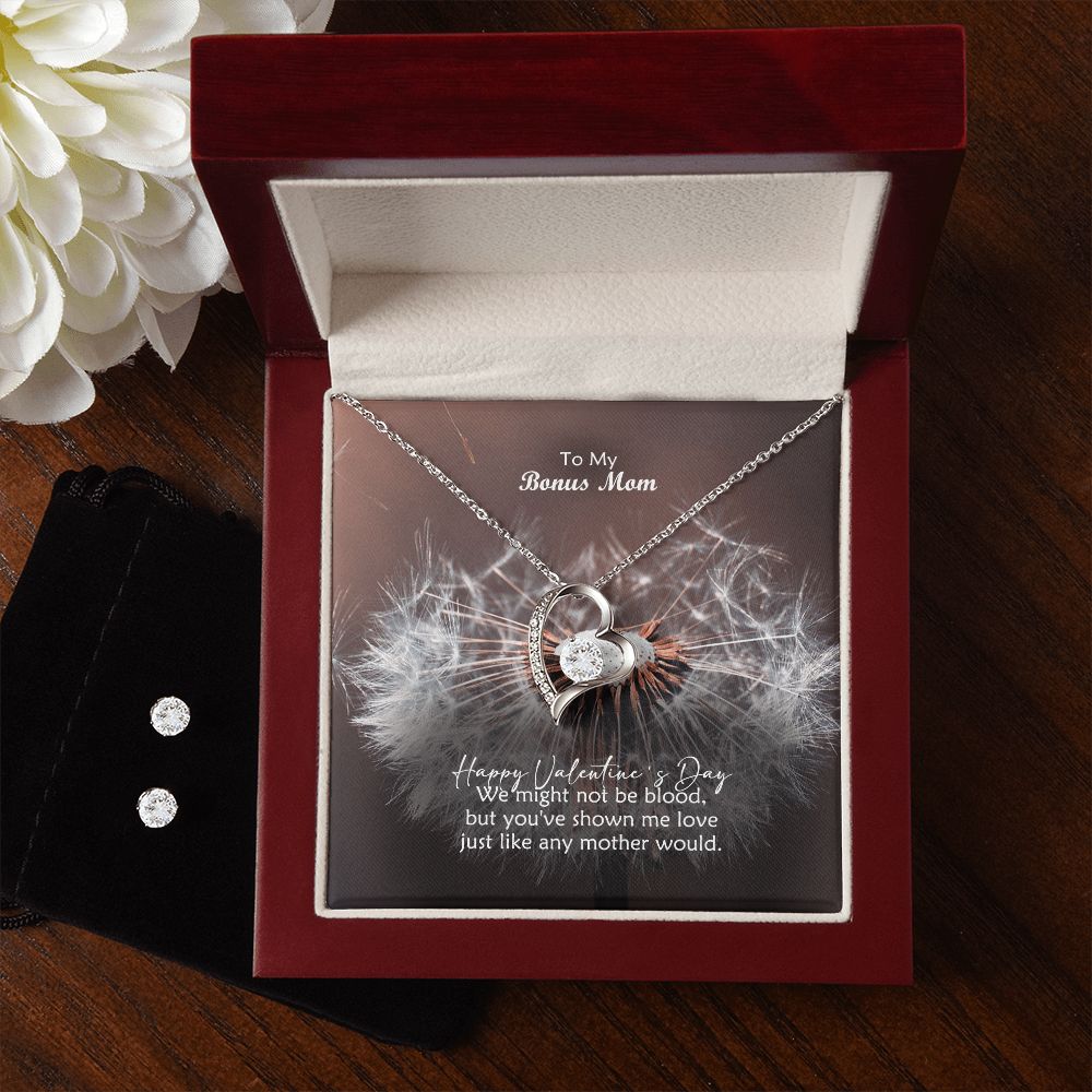 To My Bonus Mom, We Might Not Be Blood, But You've Shown Me Love - Forever Love Necklace & Clear CZ Earrings - Gift for Mom