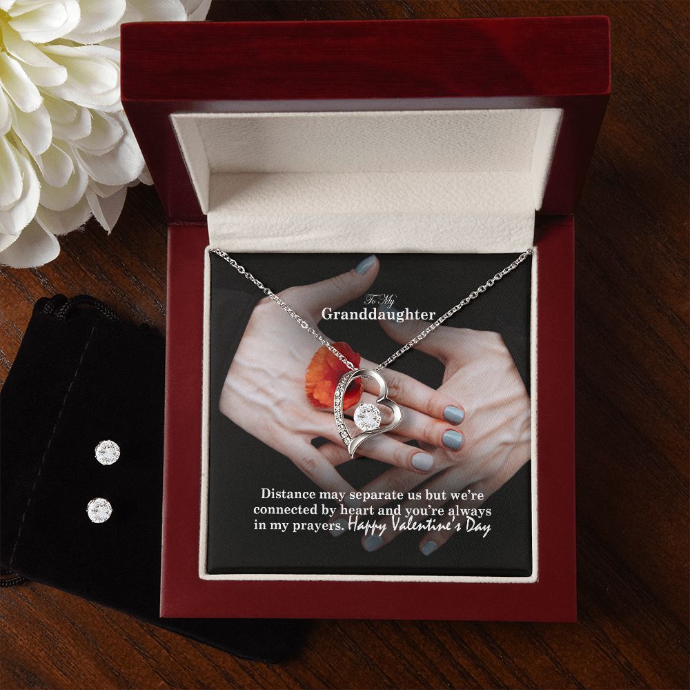 To My Granddaughter, Distance May Separate Us But We're Connected By Heart - Forever Love Necklace & Clear CZ Earrings - Gift for Granddaughter