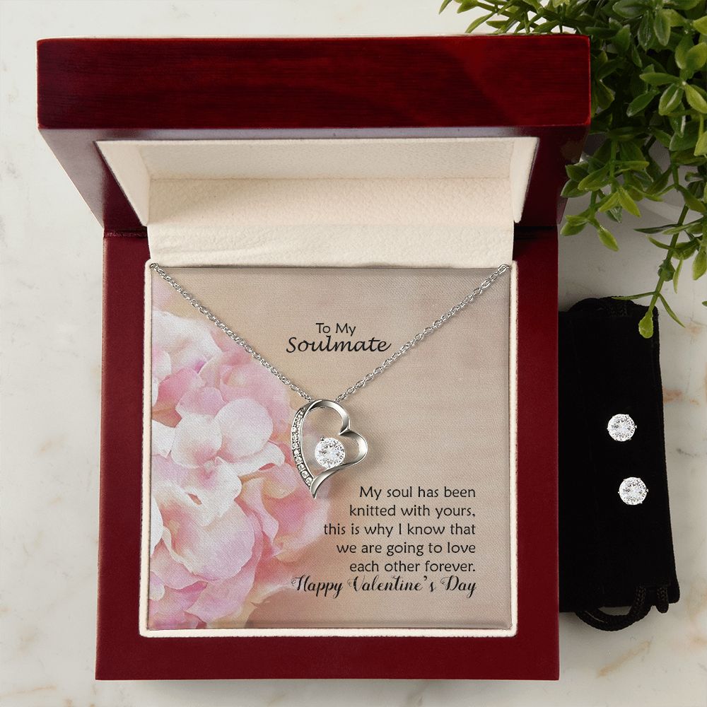 To My Soulmate, My Soul Has Been Knitted With Yours, This Is Why I Know That We Are Going To Love Each Other Forever - Forever Love Necklace & Clear CZ Earrings - Gift for Her