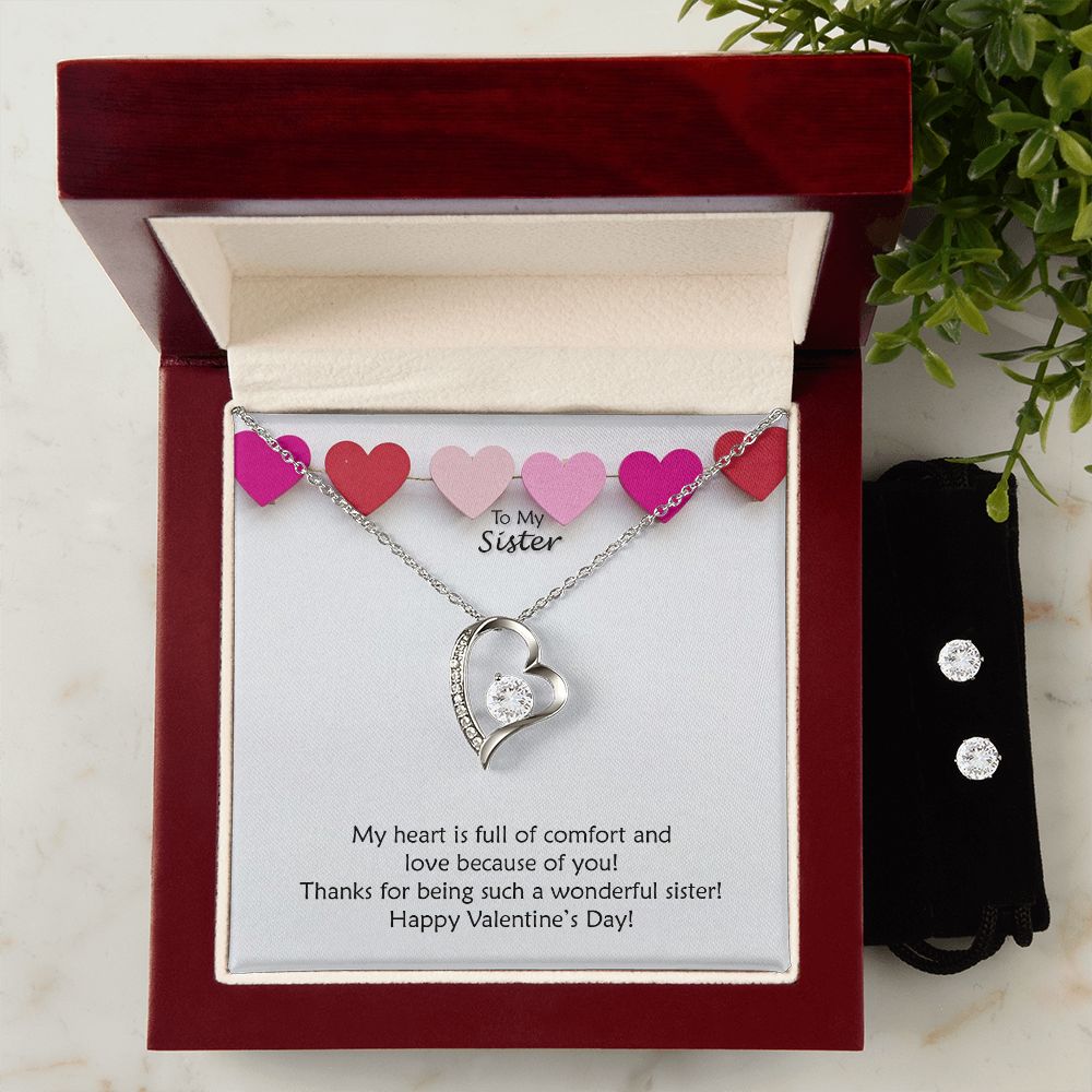 To My Sister, Thanks For Being Such A Wonderful Sister Happy Valentine's Day - Forever Love Necklace & Clear CZ Earrings - Gift for Sister