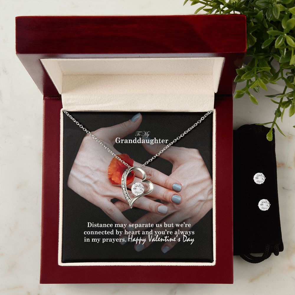 To My Granddaughter, Distance May Separate Us But We're Connected By Heart - Forever Love Necklace & Clear CZ Earrings - Gift for Granddaughter