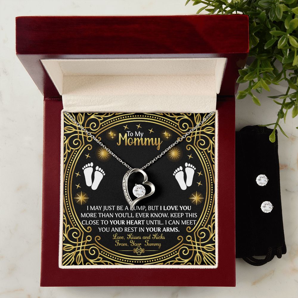 To My Mommy, Keep This Close To Your Heart - Forever Love Necklace & Clear CZ Earrings - Gift for Mom