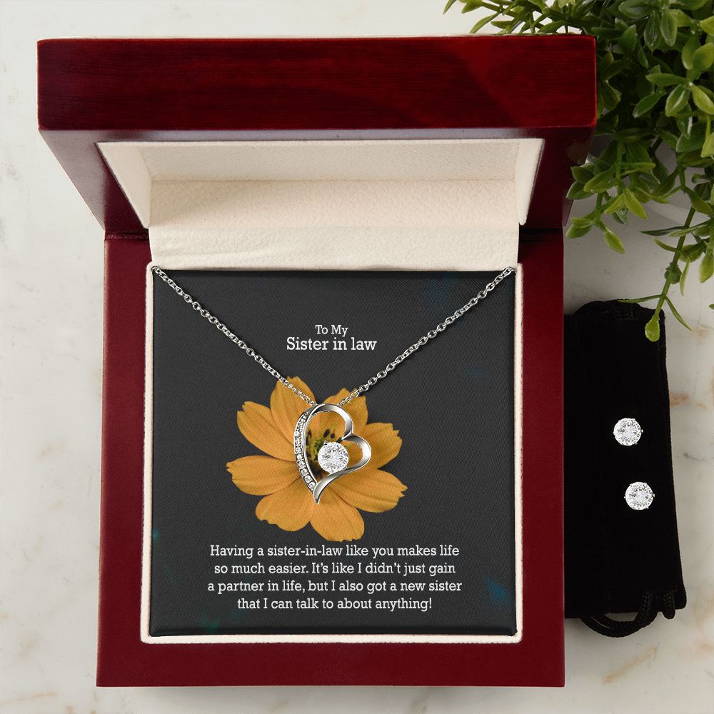 To My Sister in law, I Got A New Sister That I Can Talk To About Anything! - Forever Love Necklace & Clear CZ Earrings - Gift for Sister in Law