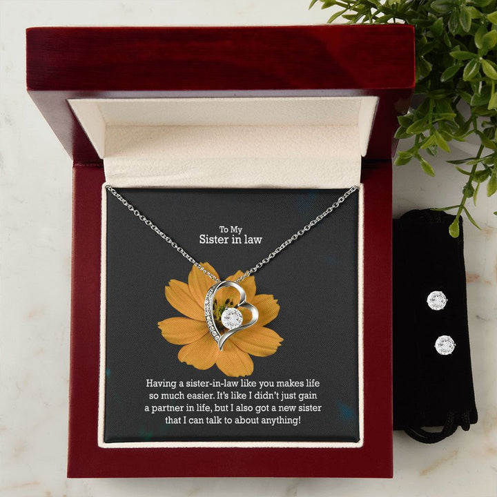 To My Sister in law, I Got A New Sister That I Can Talk To About Anything! - Forever Love Necklace &amp; Clear CZ Earrings - Gift for Sister in Law