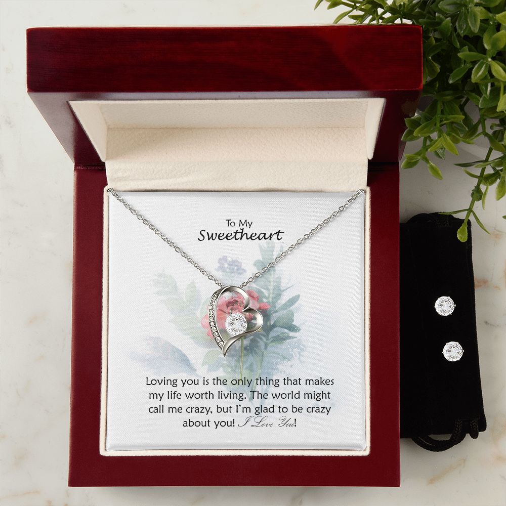 To My Sweetheart, Loving You is The Only Thing That Makes My Life Worth Living - Forever Love Necklace &amp; Clear CZ Earrings - Gift for Her
