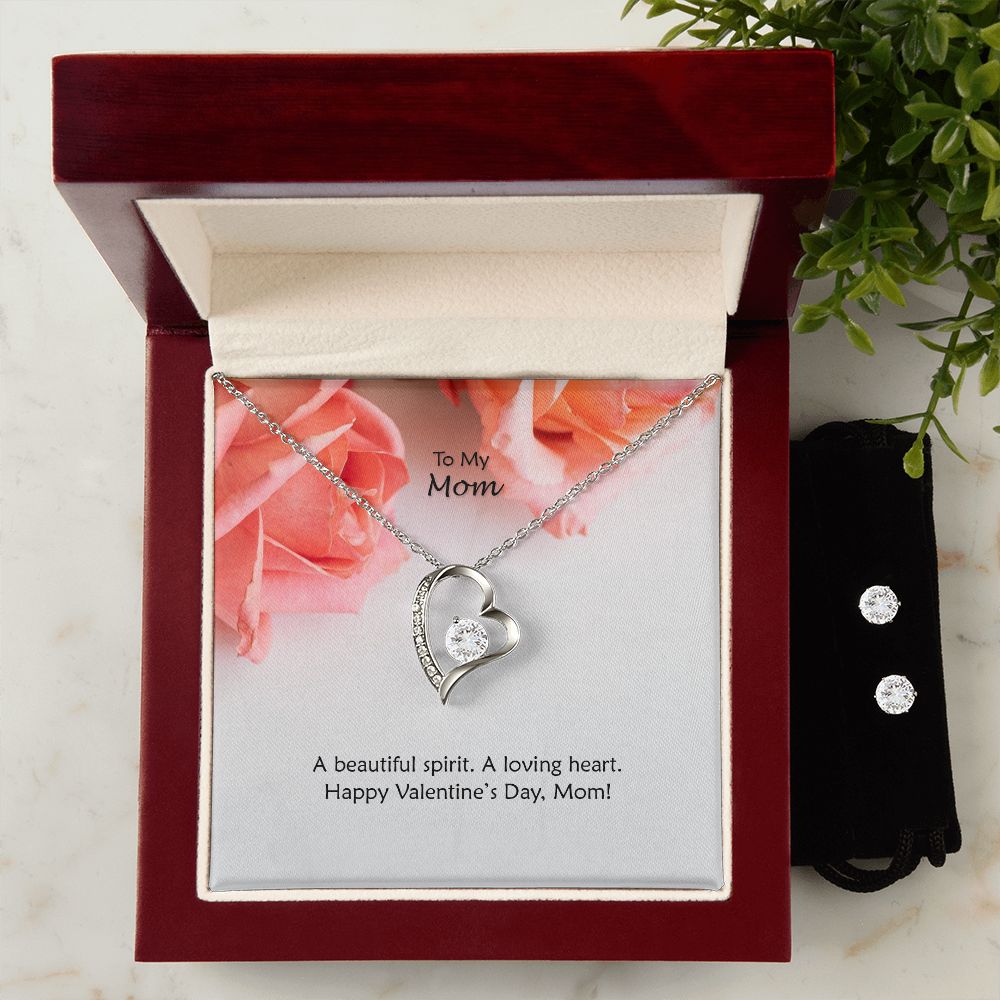 To My Mom, A Beautiful Spirit, A Loving Heart - Forever Love Necklace & Clear CZ Earrings - Gift for Mom