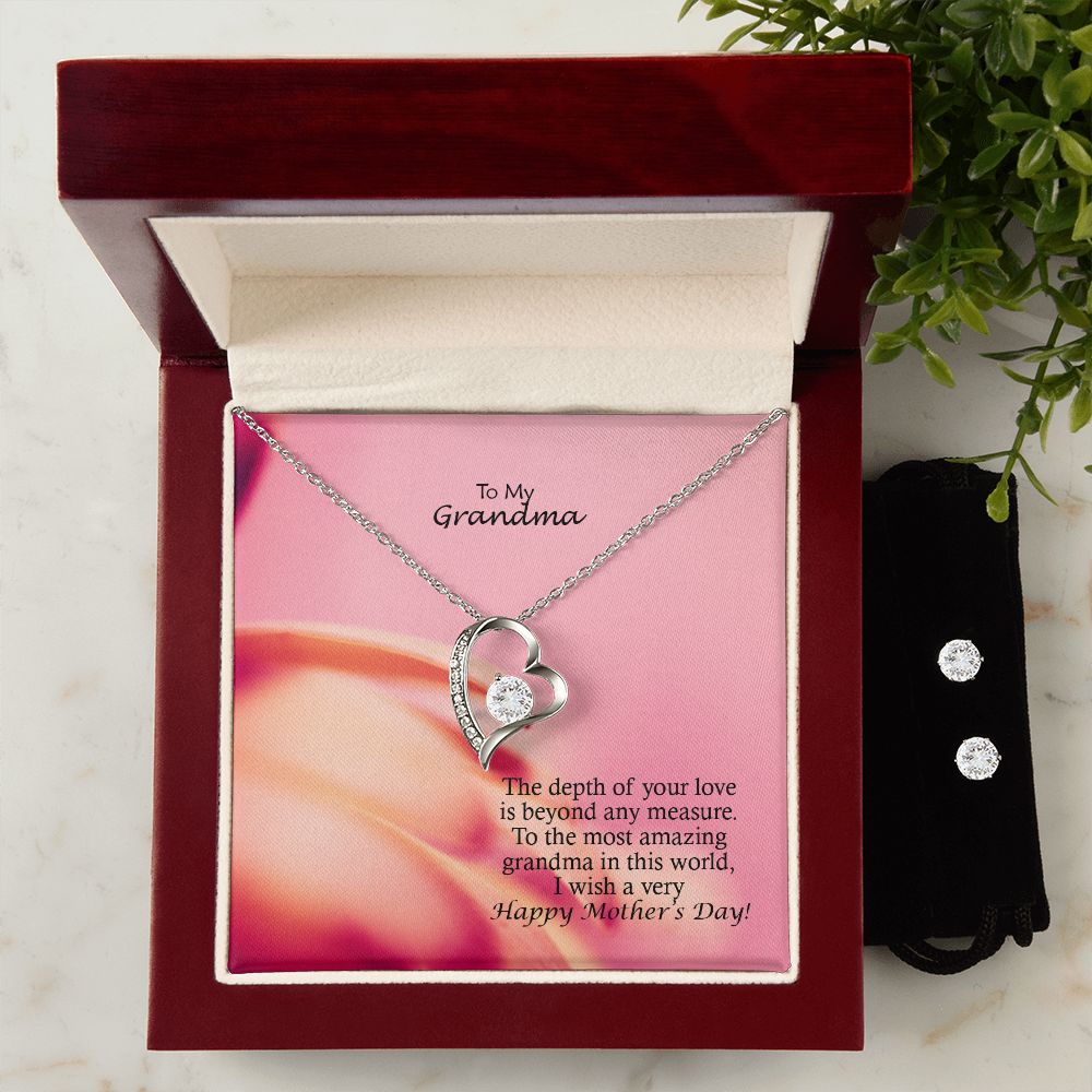 The Depth Of Your Love Is Beyond Any Measure - Happy Mother's Day - Forever Love Necklace & Clear CZ Earrings - Gift for Grandma