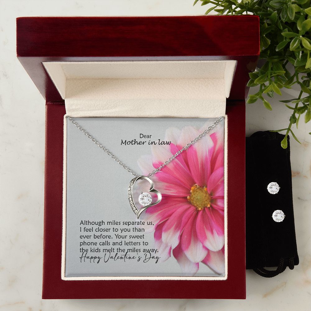 Dear Mother in law, Although Miles Separate Us, I Feel Closer To You Than Ever Before - Forever Love Necklace & Clear CZ Earrings - Gift for Mother in Law