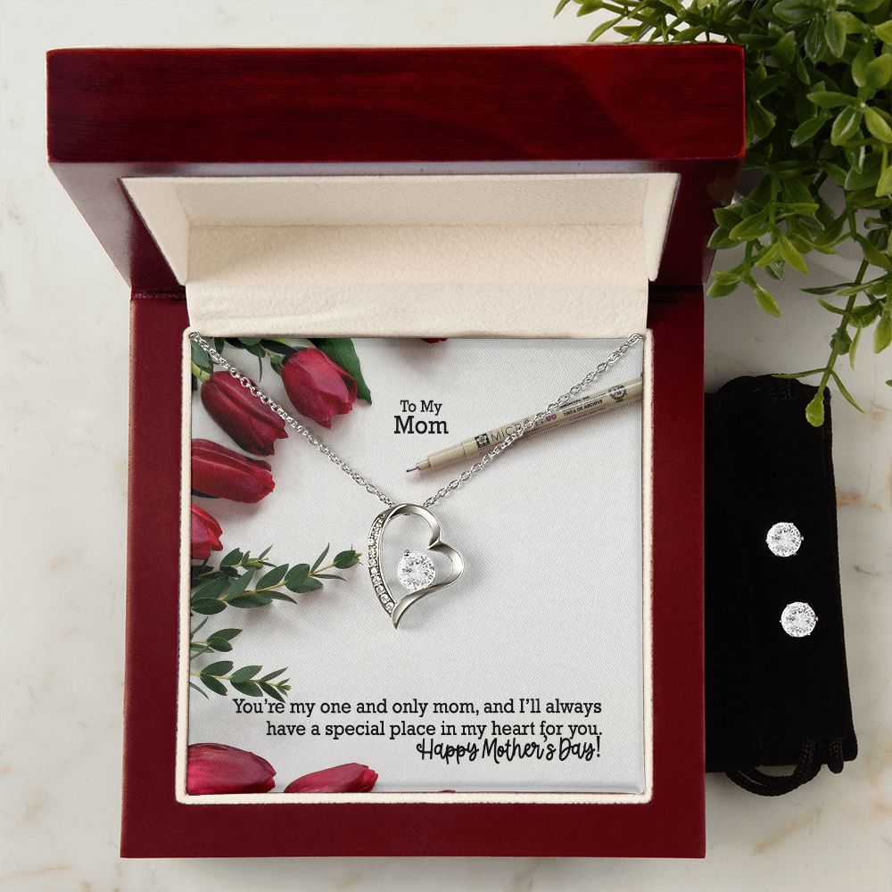You're My One & Only Mom, And I'll Always Have A Special Place In My Heart For You - Happy Mother's Day - Forever Love Necklace & Clear CZ Earrings - Gift for Mom