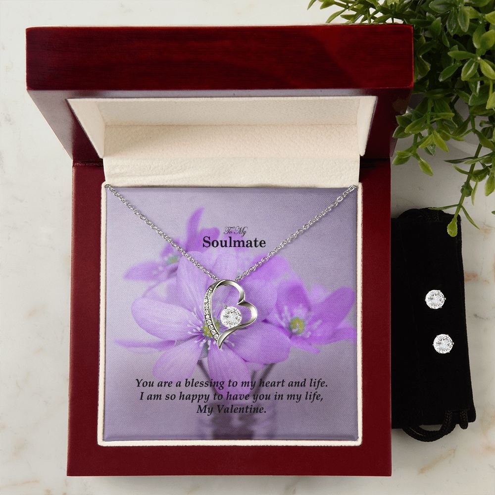 To My Soulmate, I Am So Happy To Have You In My Life, My Valentine - Forever Love Necklace & Clear CZ Earrings - Gift for Her