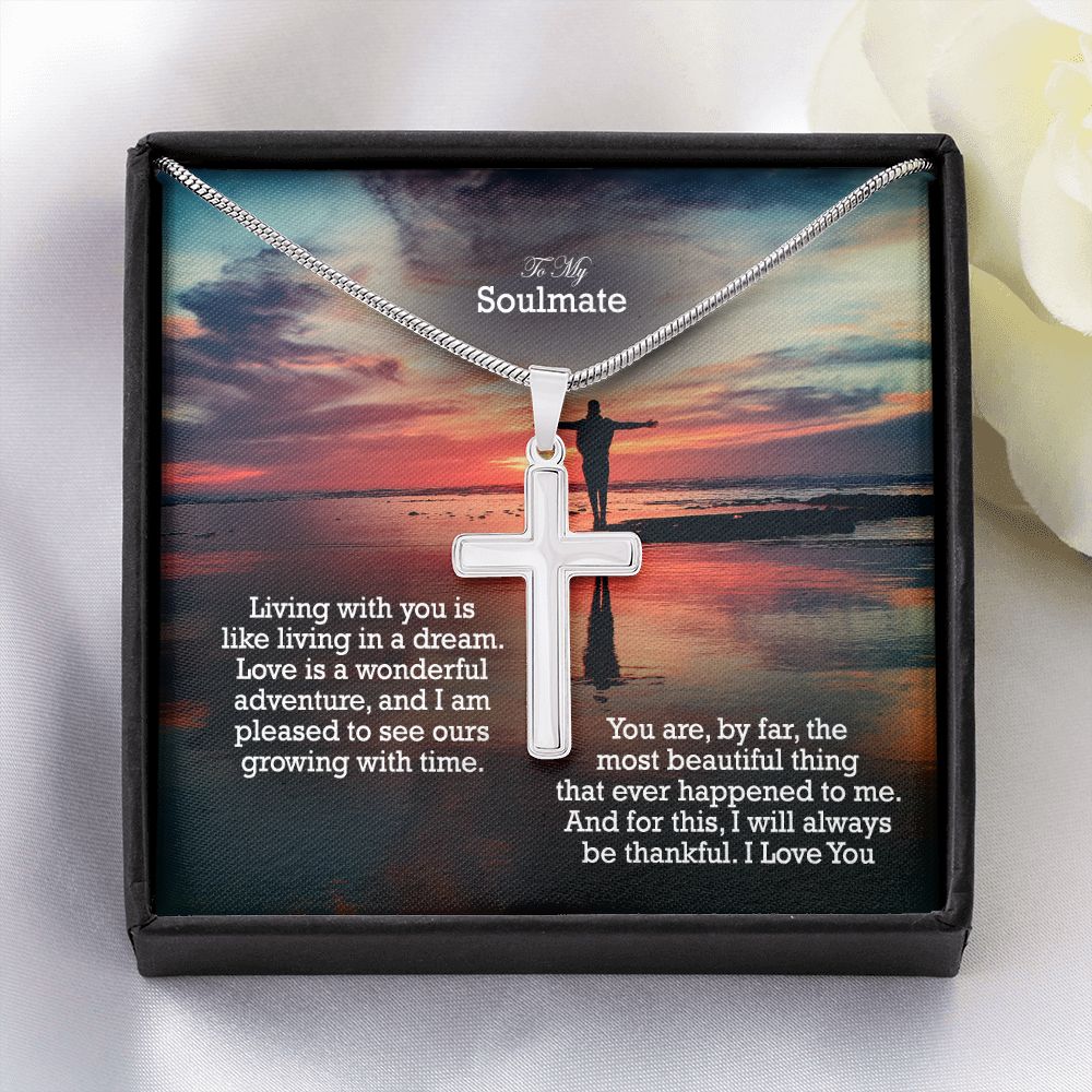 To My Soulmate, Love Is A Wonderful Adventure, & I Am Pleased To See Ours Growing With Time - Stainless Cross Necklace with Message Card - Gift for Him