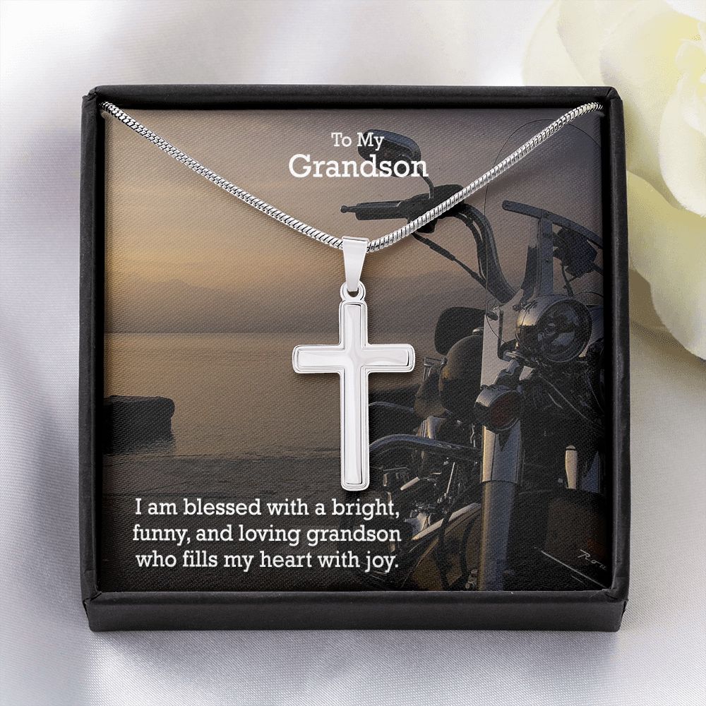To My Grandson, I am Blessed With a Bright, Funny, And Loving Grandson - Stainless Cross Necklace - Gift for Grandson