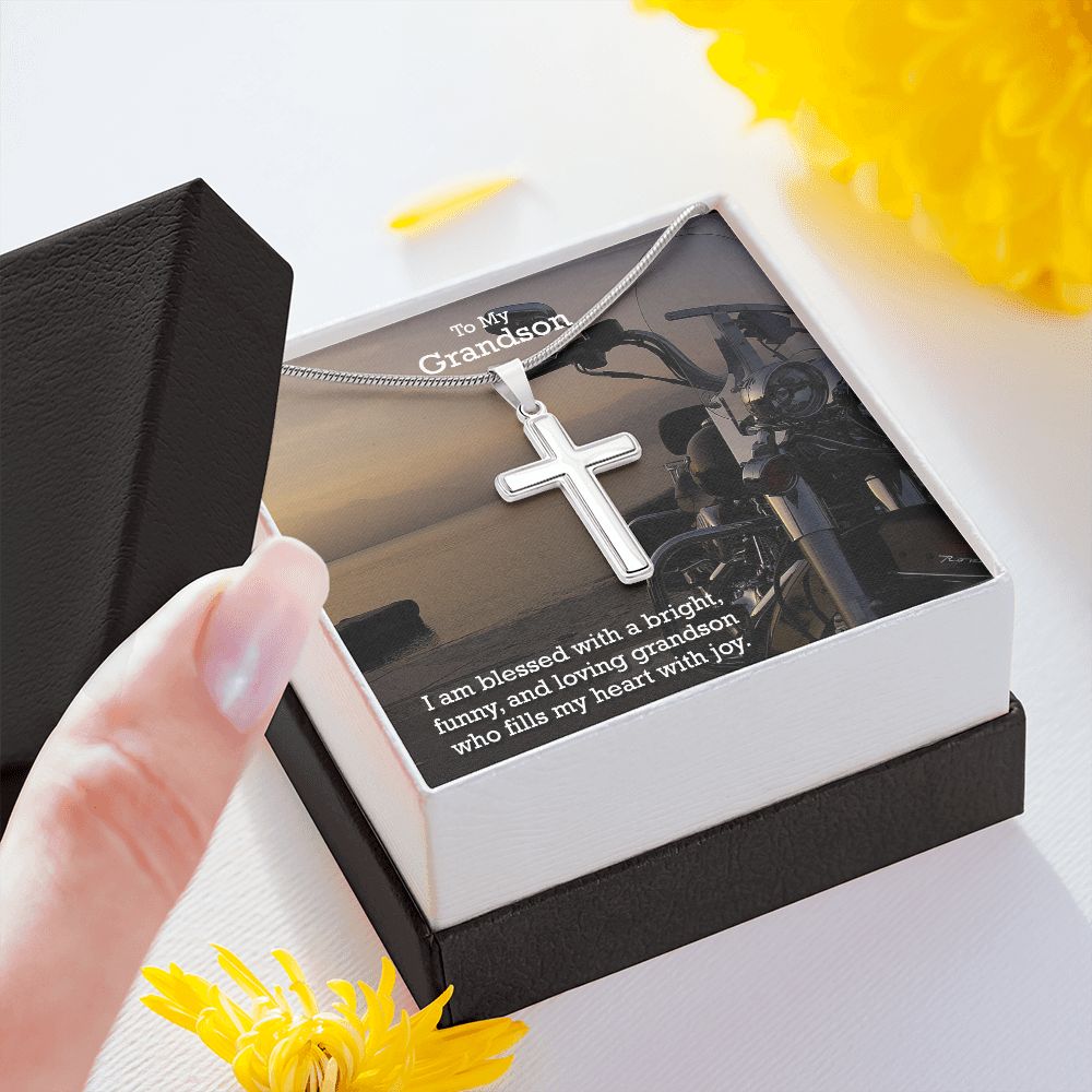To My Grandson, I am Blessed With a Bright, Funny, And Loving Grandson - Stainless Cross Necklace - Gift for Grandson