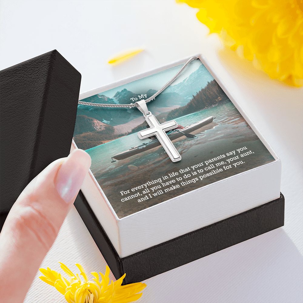 To My Nephew, Call Me, Your Aunt & I Will Make Things Possible For You - Stainless Cross Necklace with Message Card - Gift for Nephew