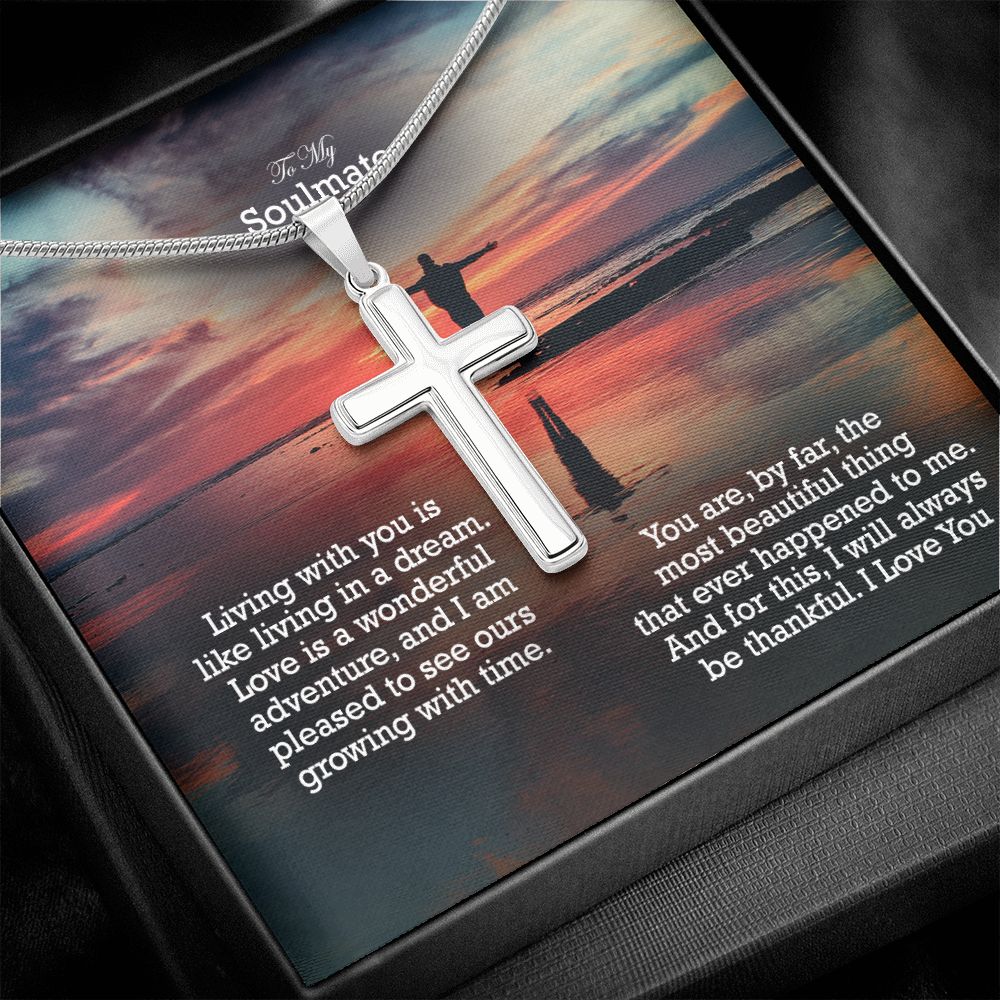 To My Soulmate, Love Is A Wonderful Adventure, & I Am Pleased To See Ours Growing With Time - Stainless Cross Necklace with Message Card - Gift for Him