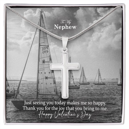 To My Nephew, Thank You For The Joy That You Bring To Me - Happy Valentine's Day - Stainless Cross Necklace with Message Card - Gift for Nephew