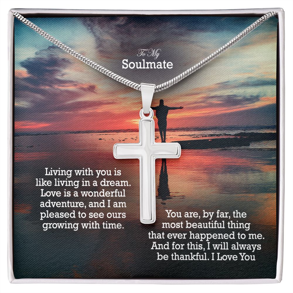 To My Soulmate, Love Is A Wonderful Adventure, & I Am Pleased To See Ours Growing With Time - Stainless Cross Necklace with Message Card - Gift for Him