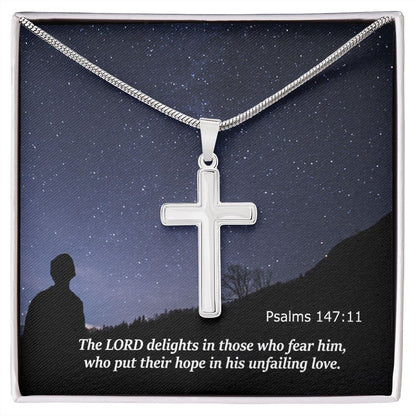 The LORD Delights In Those Who Fear Him - Stainless Cross Necklace with Message Card - Gift for Him