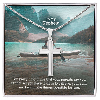 To My Nephew, Call Me, Your Aunt & I Will Make Things Possible For You - Stainless Cross Necklace with Message Card - Gift for Nephew