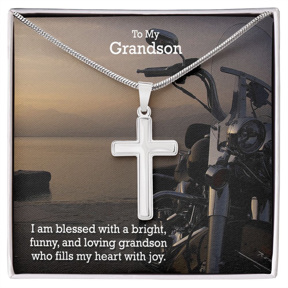 To My Grandson, I am Blessed With a Bright, Funny, And Loving Grandson - Stainless Cross Necklace - Gift for Grandson