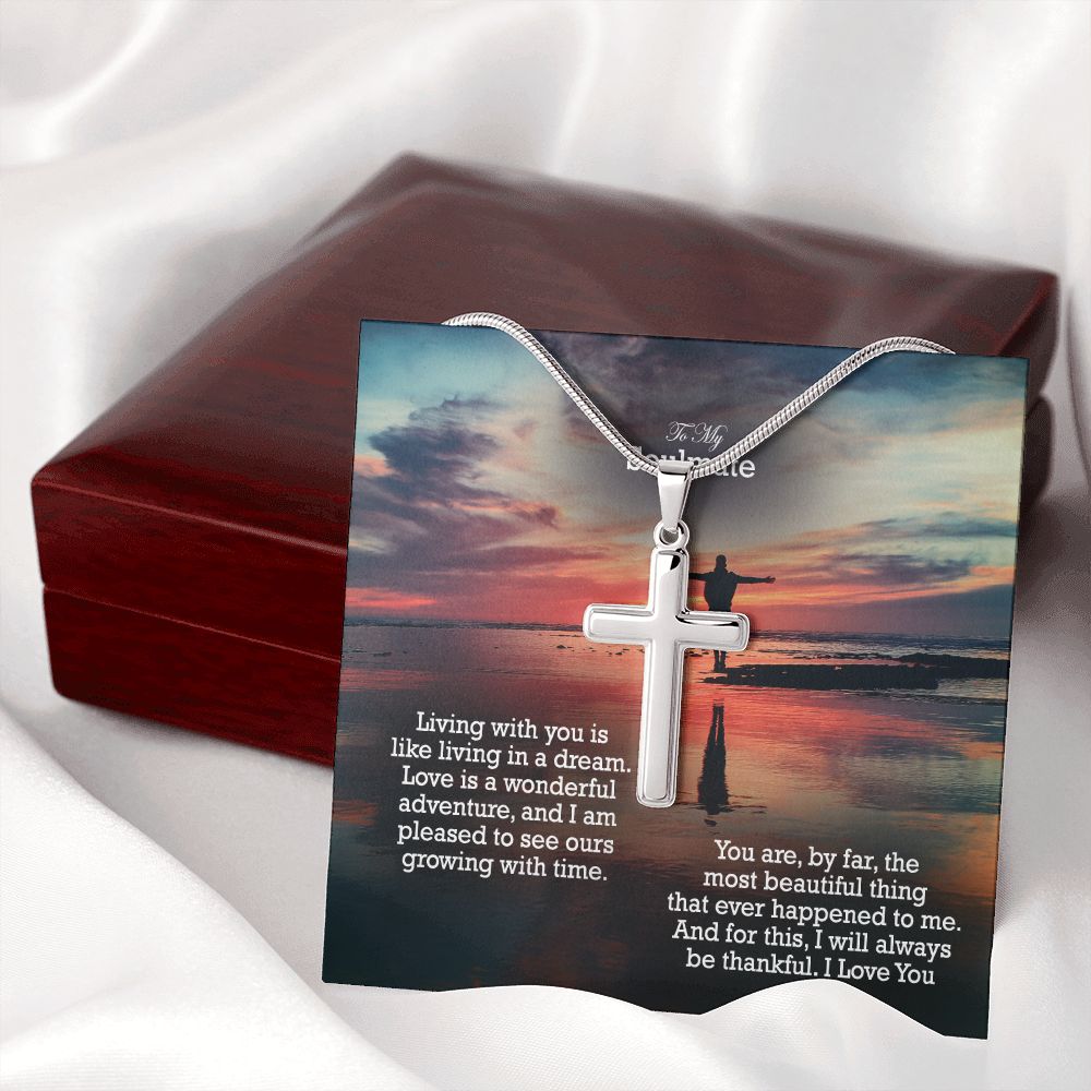 To My Soulmate, Love Is A Wonderful Adventure, & I Am Pleased To See Ours Growing With Time - Stainless Cross Necklace with Message Card - Gift for Him